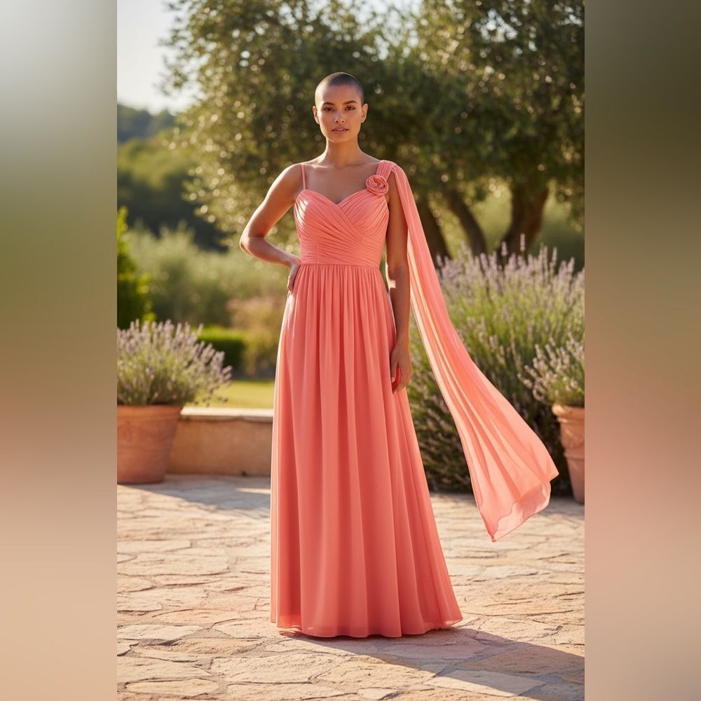 EUC Women’s Teens Elegant Coral Color One Shoulder Chiffon Maxi Gown Dress - 2/4